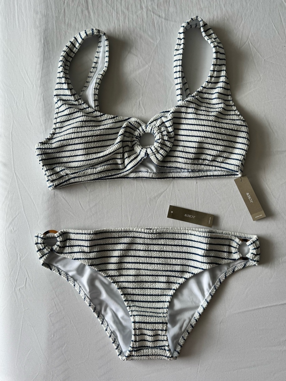 NWT J. Crew O-ring Scrunchie White Bikini with Navy Stripes